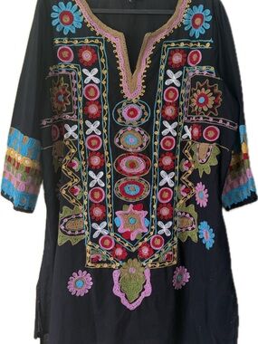 Topshop Black Embroidered Boho Tunic Top with Multicolor Floral Accents